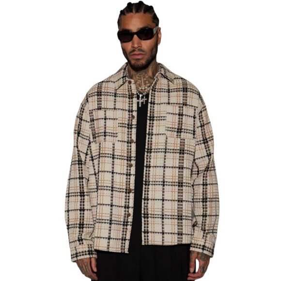 Take You On A Ride Textured Button Up Long Sleeve Shirt Tan Men's - Picture 1 of 6